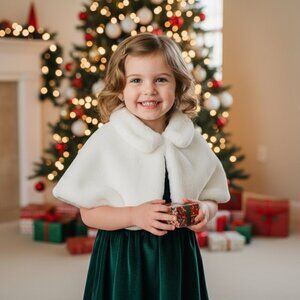 [Kids XS 4] Tahari Faux Fur Girls Shrug White Red Holiday Christmas Capelet Cozy